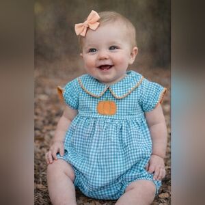Dondolo Blue Gingham Baby Dress with Pumpkin Embroidery Sz 12 M #1857
